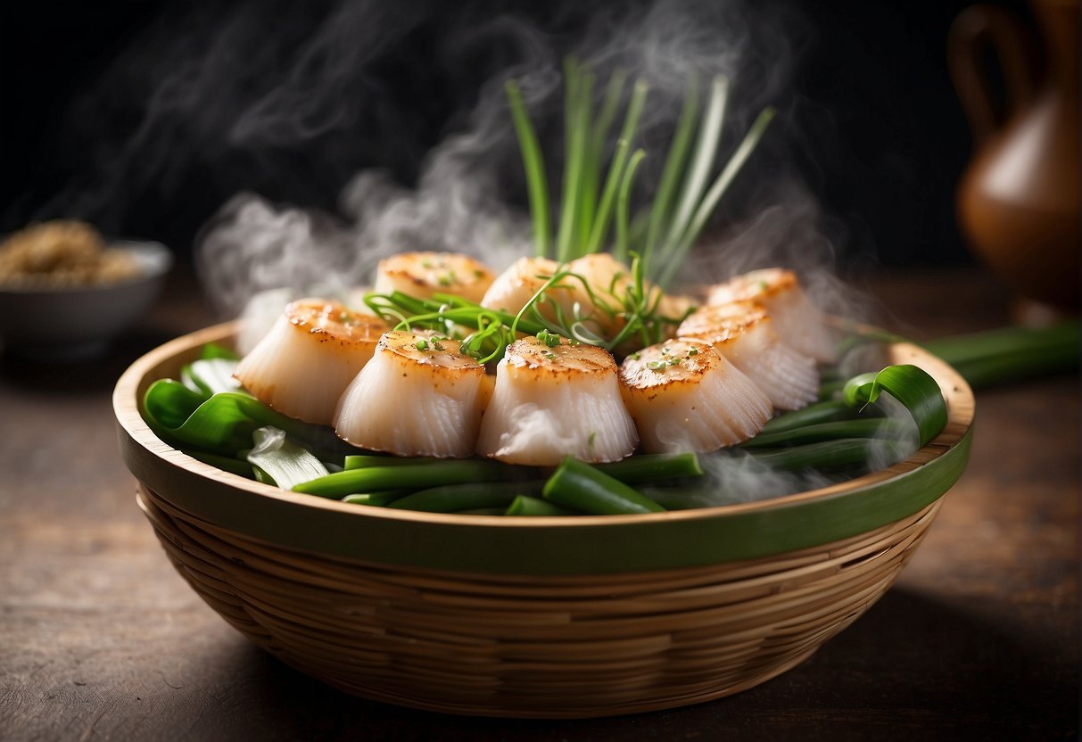 A steaming bamboo basket filled with fresh scallops, ginger, and green onions, surrounded by a cloud of aromatic steam