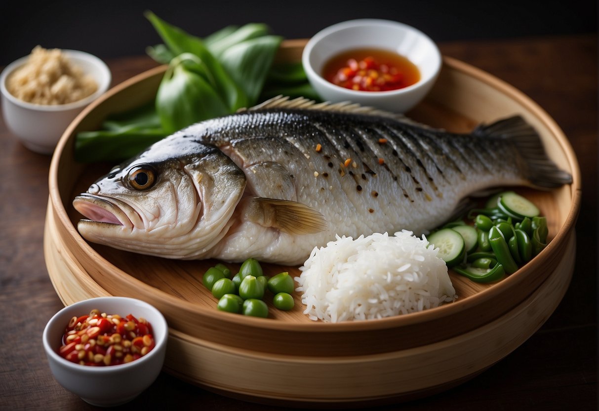 A whole sea bass, ginger, scallions, soy sauce, and rice wine on a bamboo steamer, with bowls of garlic and chili