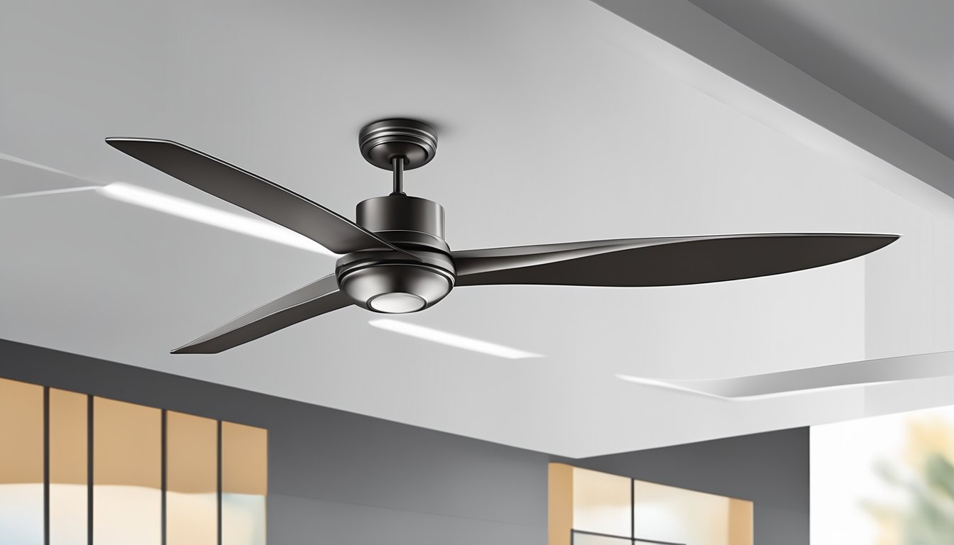 A modern ceiling fan suspended from a high ceiling, with sleek blades and a minimalist design, creating a sense of elegance and functionality