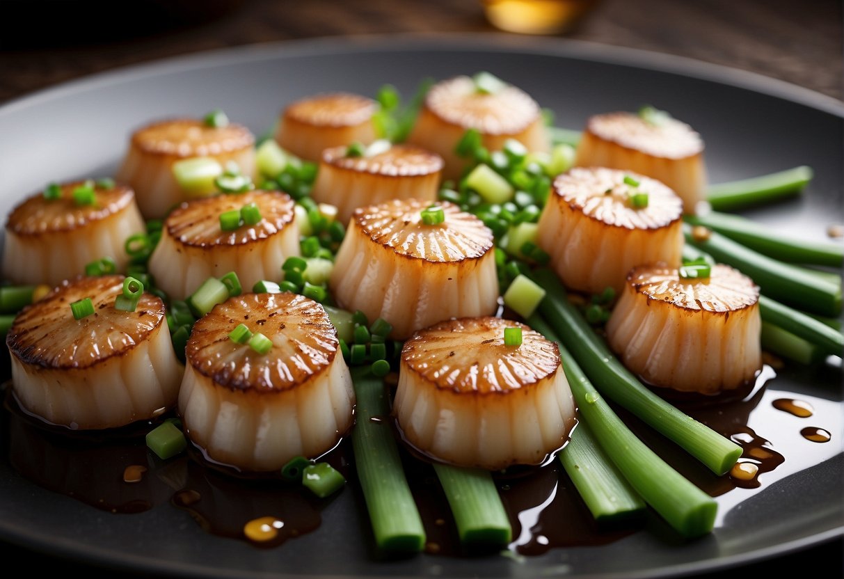 Scallops arranged on a bed of ginger and green onions, with a drizzle of soy sauce and sesame oil
