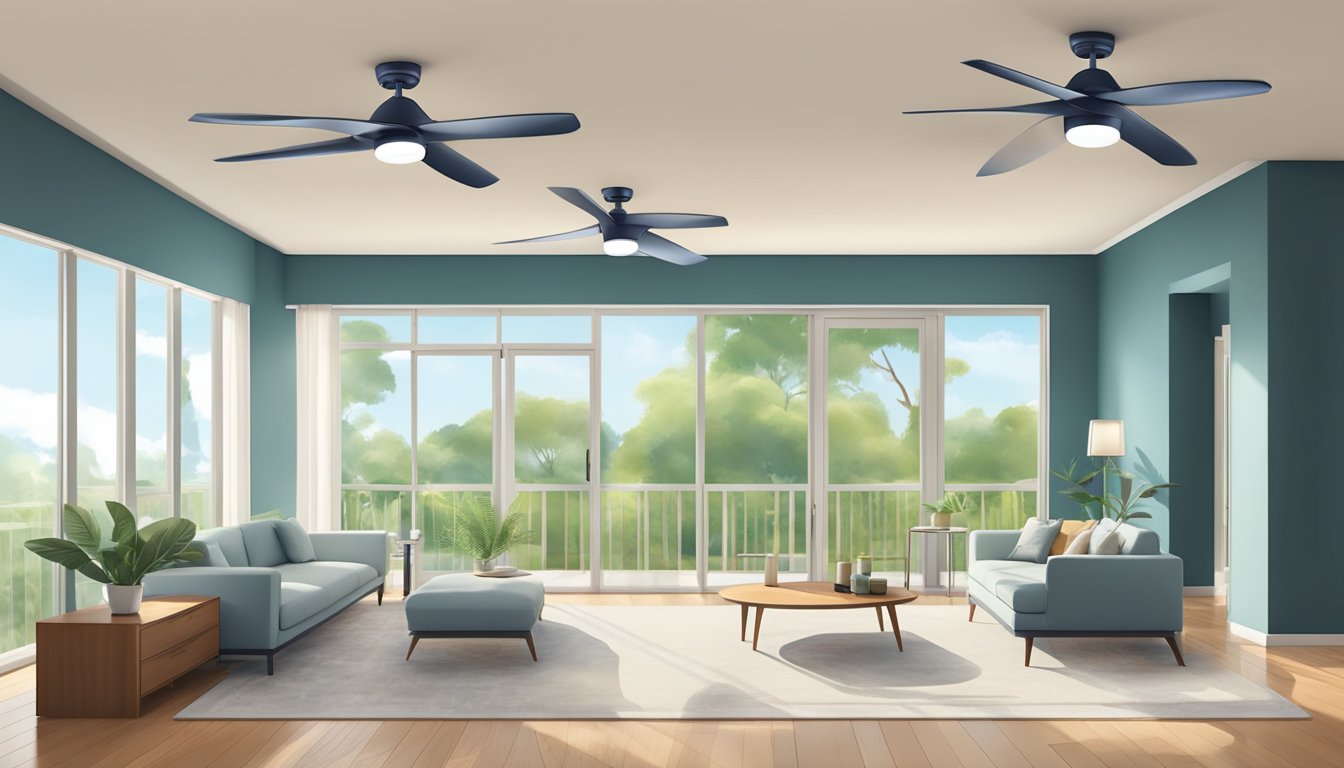 A row of sleek, modern ceiling fans rotating silently above a spacious, well-lit room