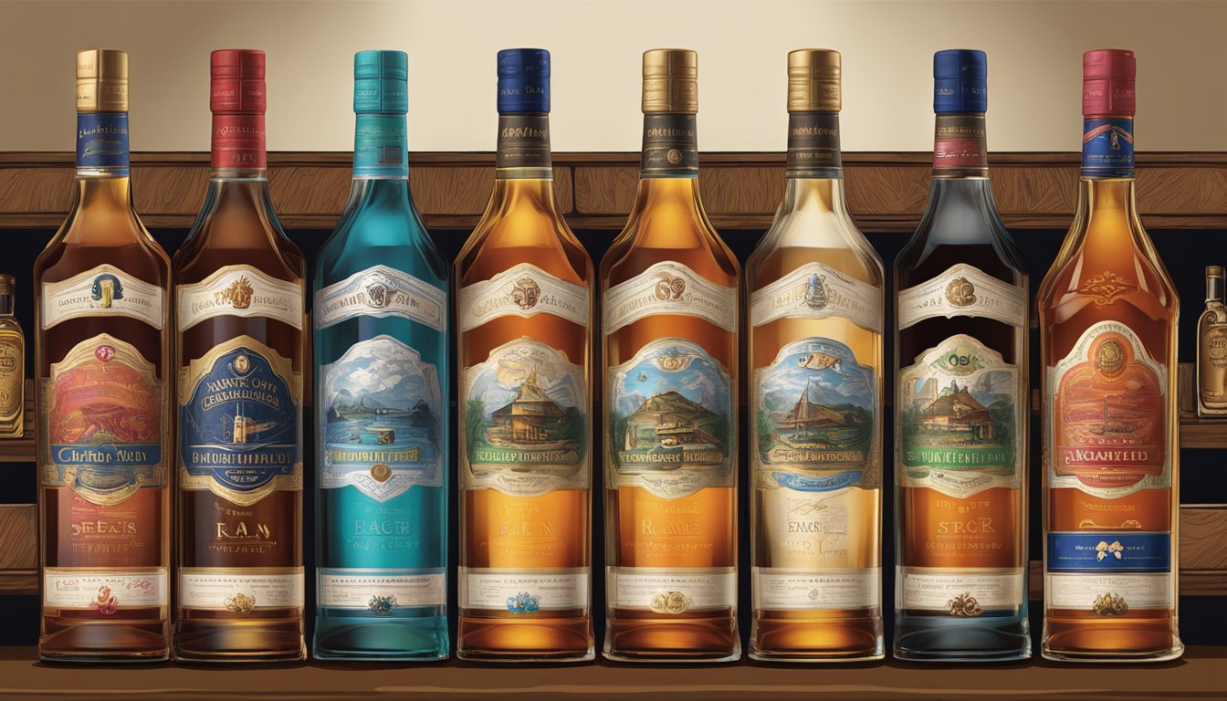 Various rum brands lined up on a bar shelf, each bottle labeled with distinct logos and designs