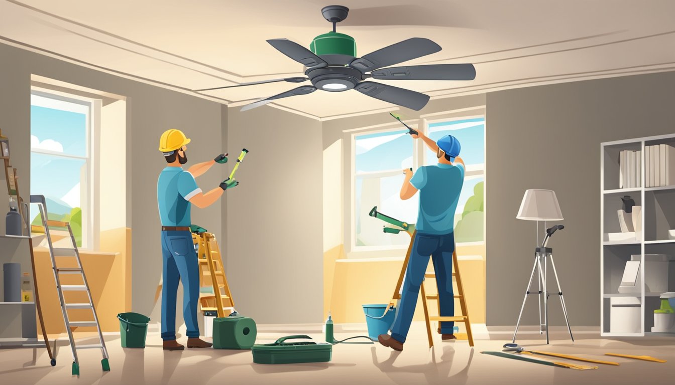 A technician installs and maintains various ceiling fan brands in a spacious, well-lit room with a ladder and toolkit nearby
