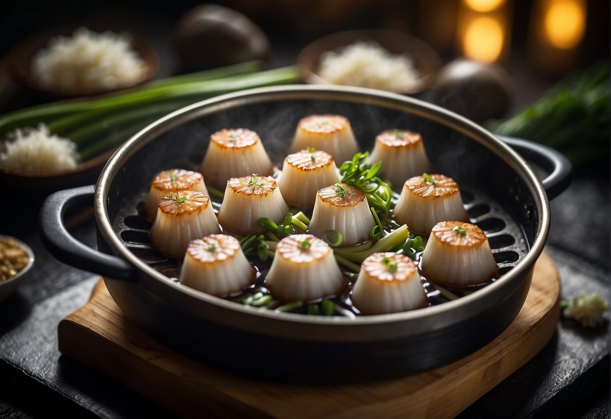 Scallops arranged in a bamboo steamer, surrounded by ginger, garlic, and scallions, with steam rising from the pot