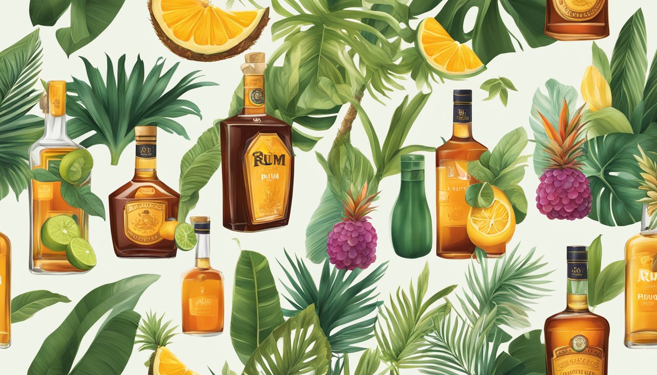 A table adorned with various rum bottles, each labeled with unique branding and distinct designs, surrounded by tropical fruits and vibrant botanicals