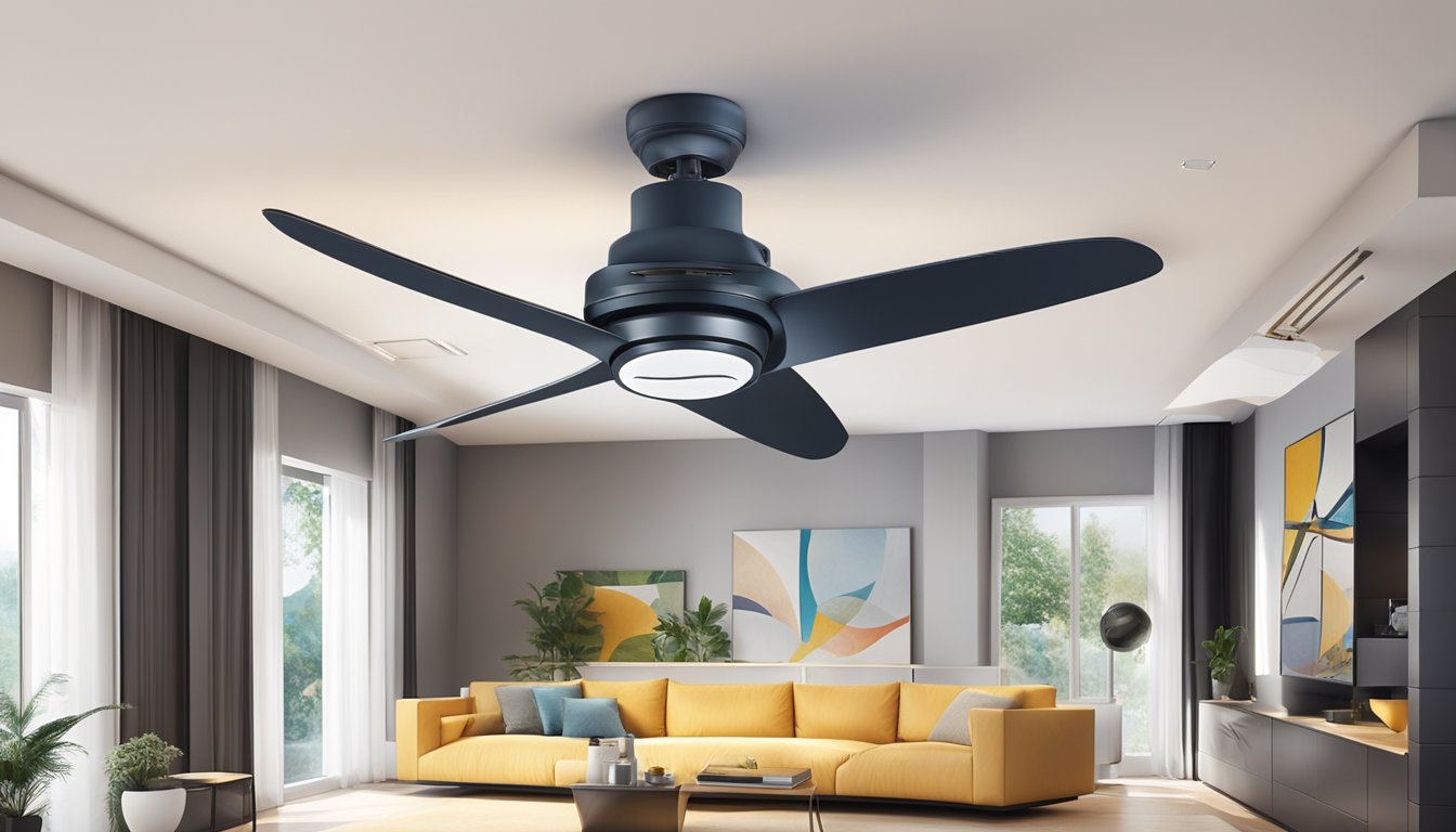 A modern ceiling fan with integrated technology, surrounded by various brand logos, mounted on a sleek and minimalist ceiling
