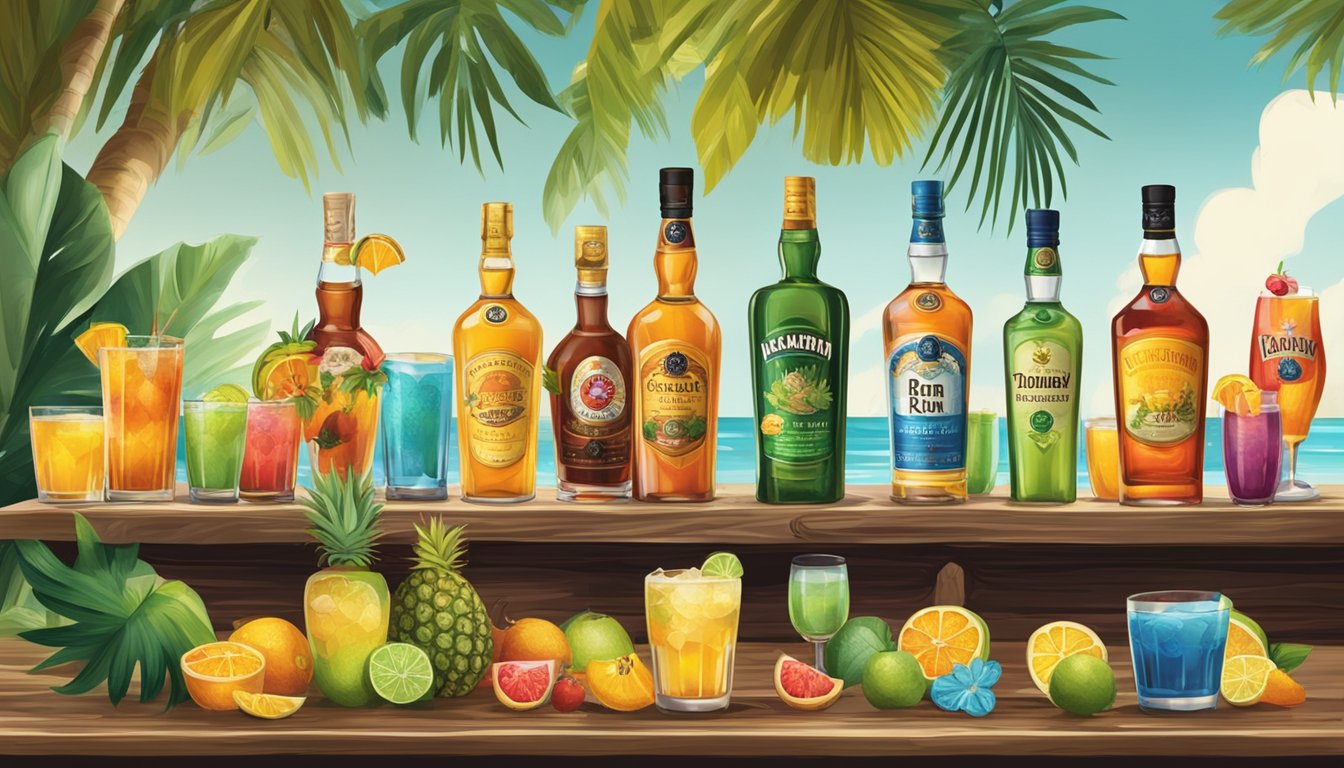 Bottles of leading rum brands displayed on a rustic wooden bar with tropical fruits and colorful cocktail glasses