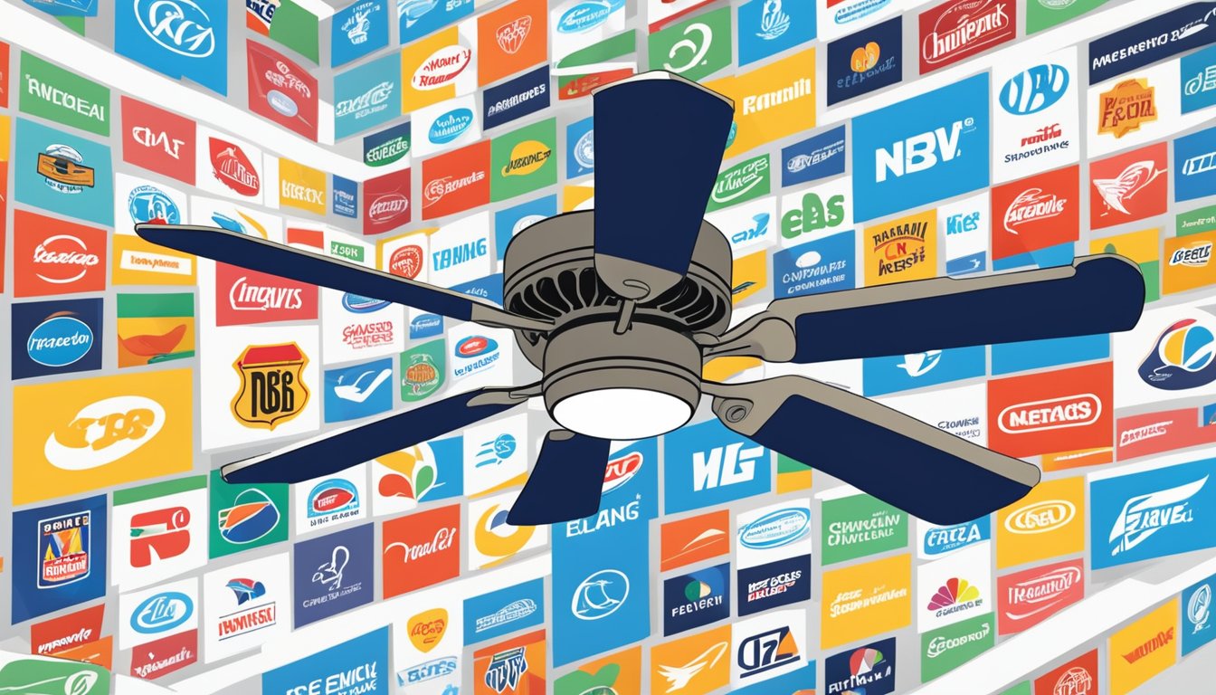A ceiling fan surrounded by brand logos, with a list of frequently asked questions floating around it