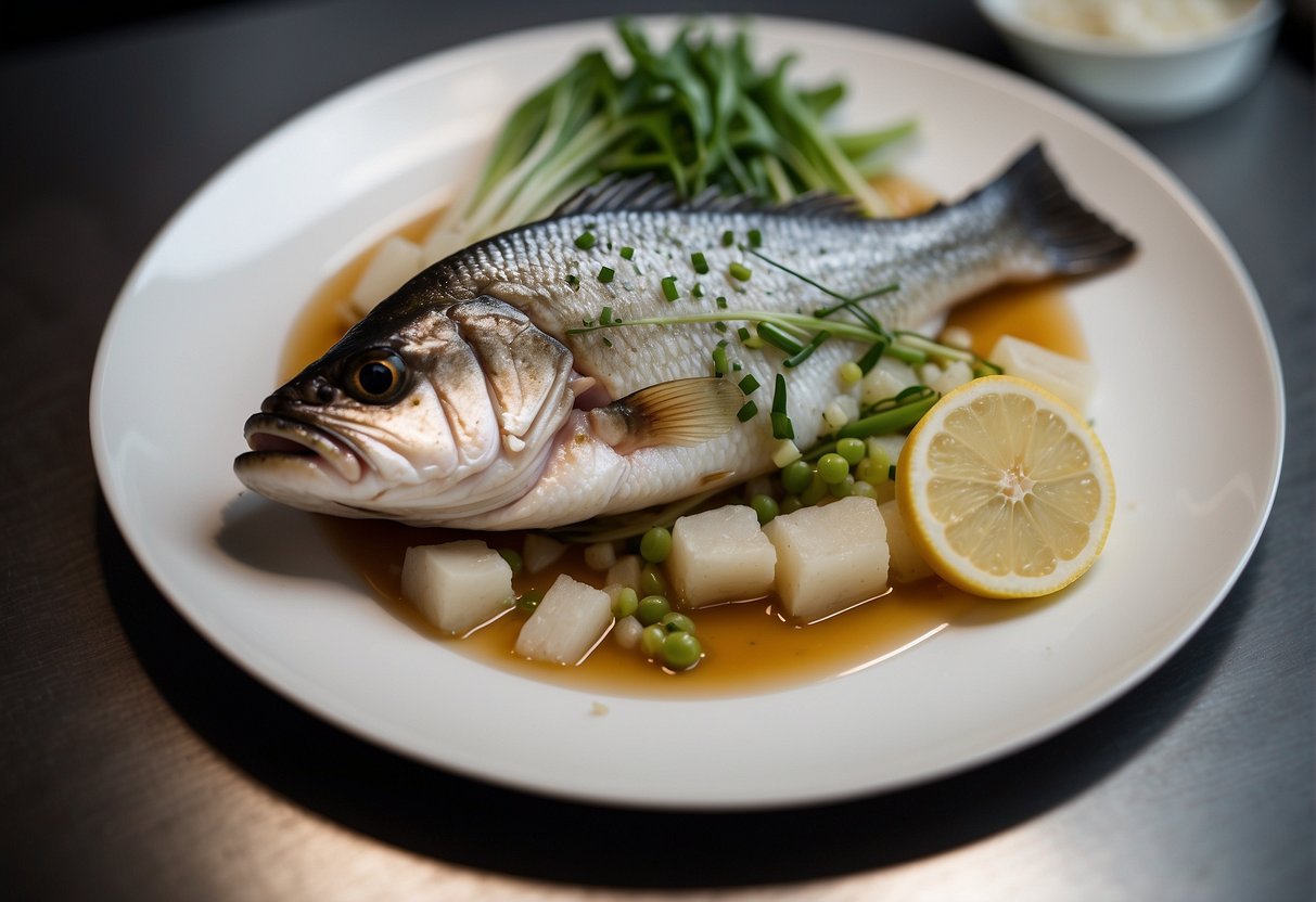 The sea bass is placed on a bed of ginger and scallions, with steam rising from the pot, creating a mouthwatering aroma