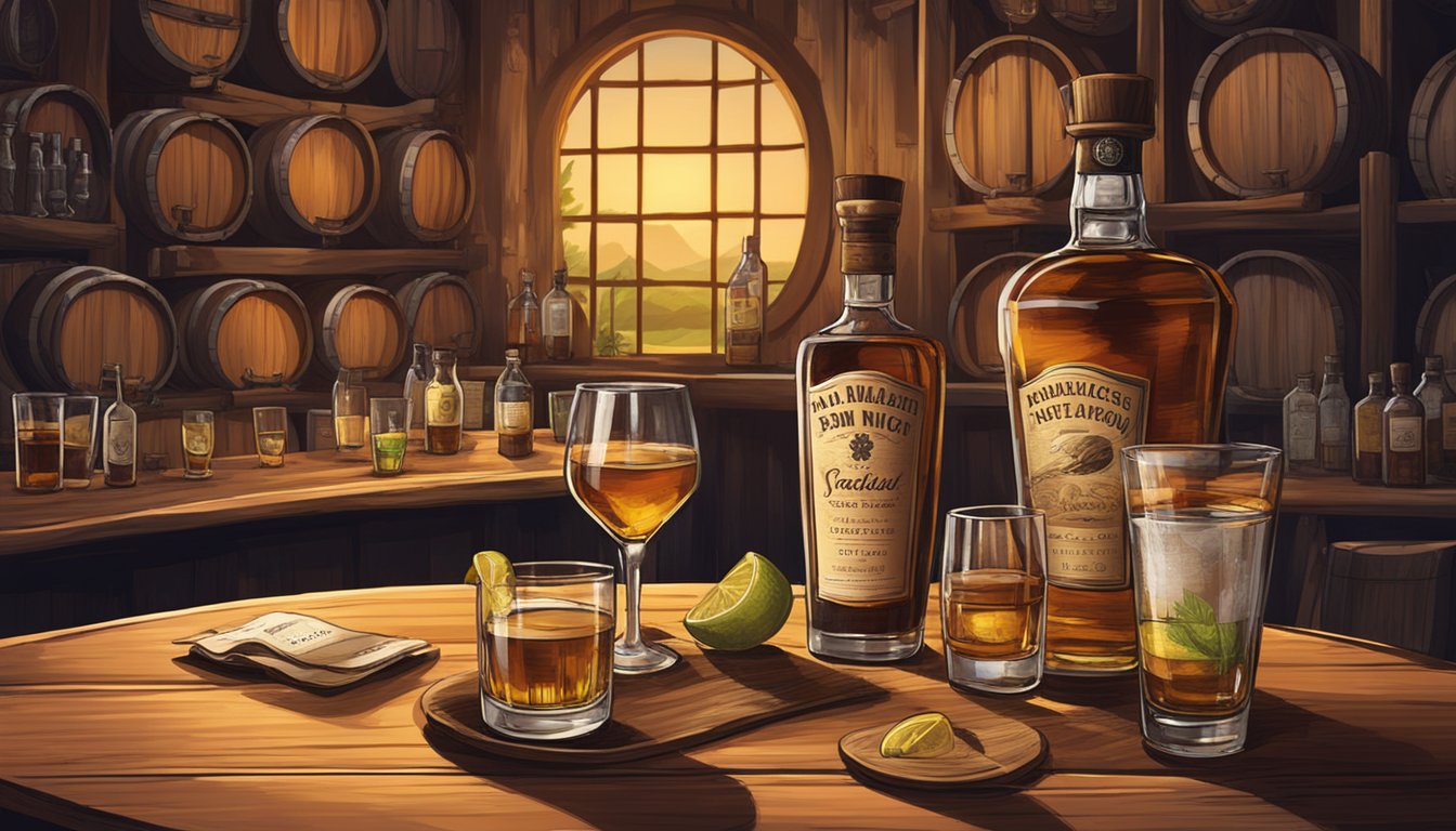 A table set with various rum bottles, glasses, and tasting notes. A warm, inviting atmosphere with soft lighting and a backdrop of rustic barrels