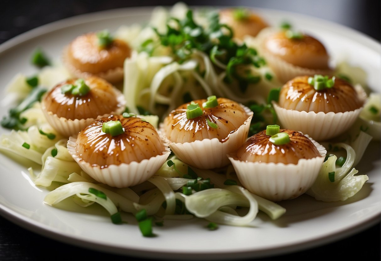 Scallops arranged in shells, topped with garlic, ginger, and green onions, drizzled with soy sauce and steamed over a bed of cabbage