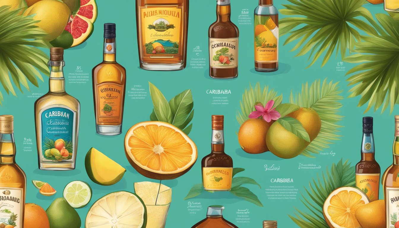 A table with various rum bottles, each labeled with different brand names, surrounded by tropical fruits and a map of the Caribbean