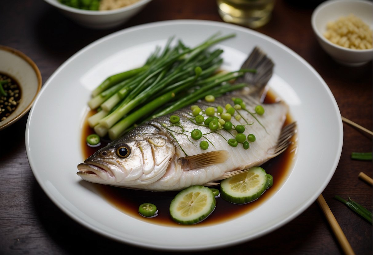 A steamed sea bass lies on a platter, surrounded by vibrant green scallions, ginger slices, and drizzled with a glistening soy sauce