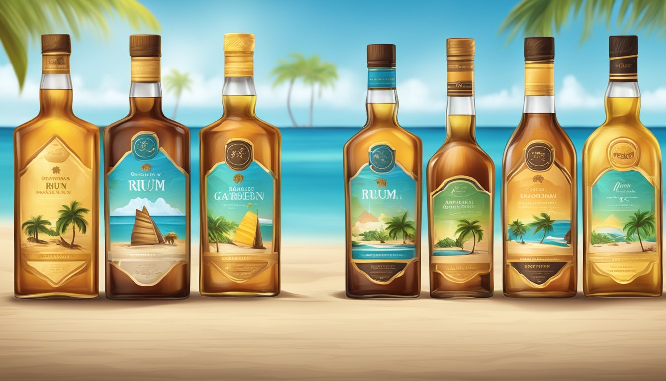 A row of rum bottles with "Frequently Asked Questions" labels. Brand logos visible. Background of tropical beach or Caribbean setting