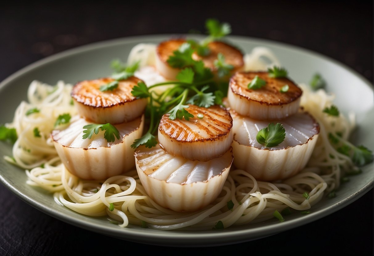 Scallops arranged in shells, steamed with ginger and garlic, garnished with green onions and cilantro, served on a bed of steamed vermicelli noodles