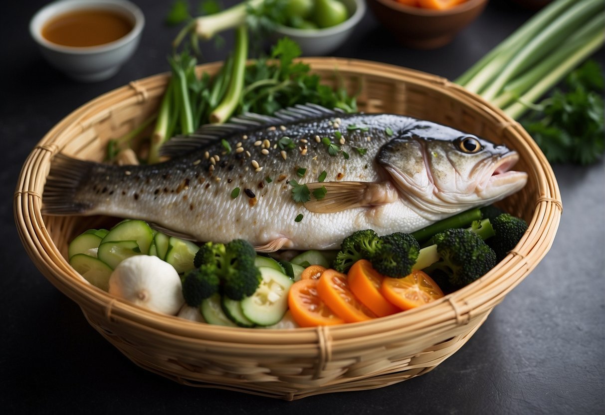 A whole sea bass steaming in a bamboo basket, surrounded by traditional Chinese ingredients like ginger, scallions, and soy sauce