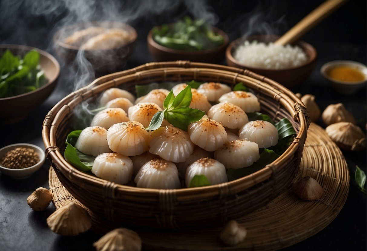 A steaming bamboo basket filled with fresh scallops, ginger, and garlic, emitting aromatic steam. Surrounding it are traditional Chinese cooking utensils and ingredients
