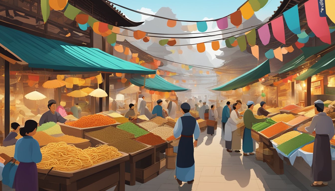 A bustling Asian marketplace with vendors selling spices and noodles, surrounded by colorful banners and traditional architecture