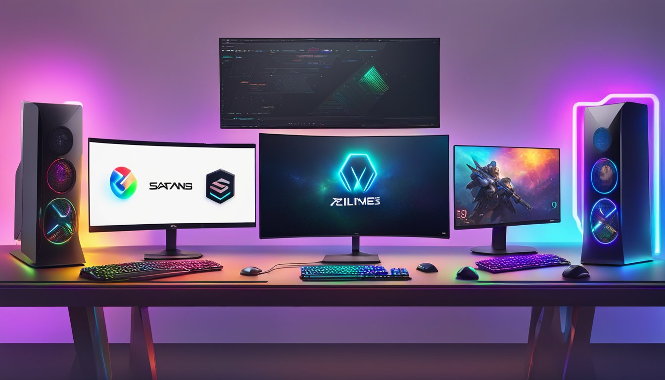 A variety of gaming desktop brands lined up on a sleek, modern desk with colorful LED lights illuminating the setup