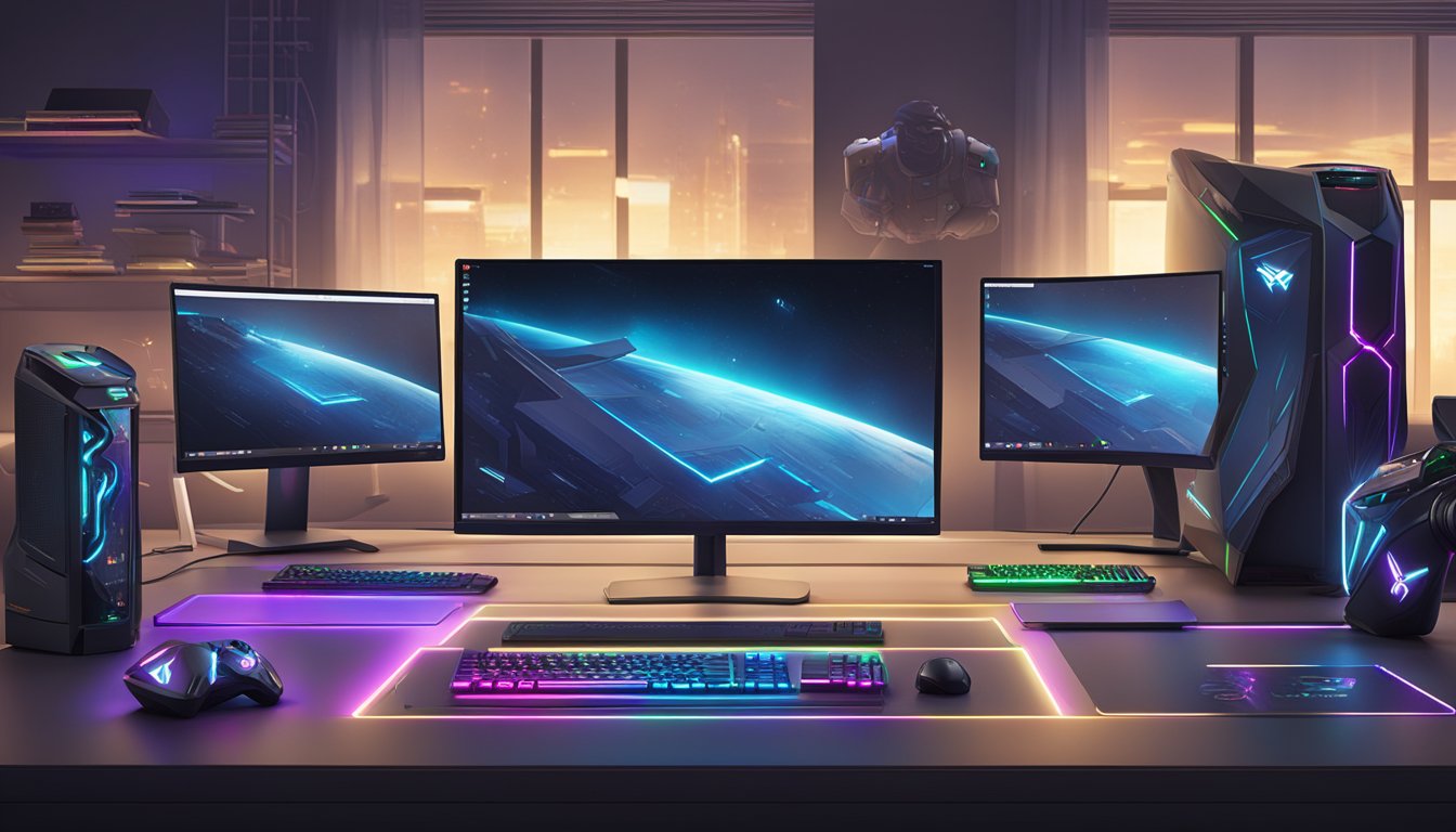 A table with top gaming desktop brands lined up, featuring sleek designs and glowing LED lights