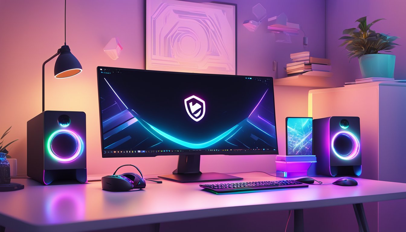A sleek, modern gaming desktop surrounded by top brand logos, glowing with colorful LED lights, and connected to high-performance peripherals