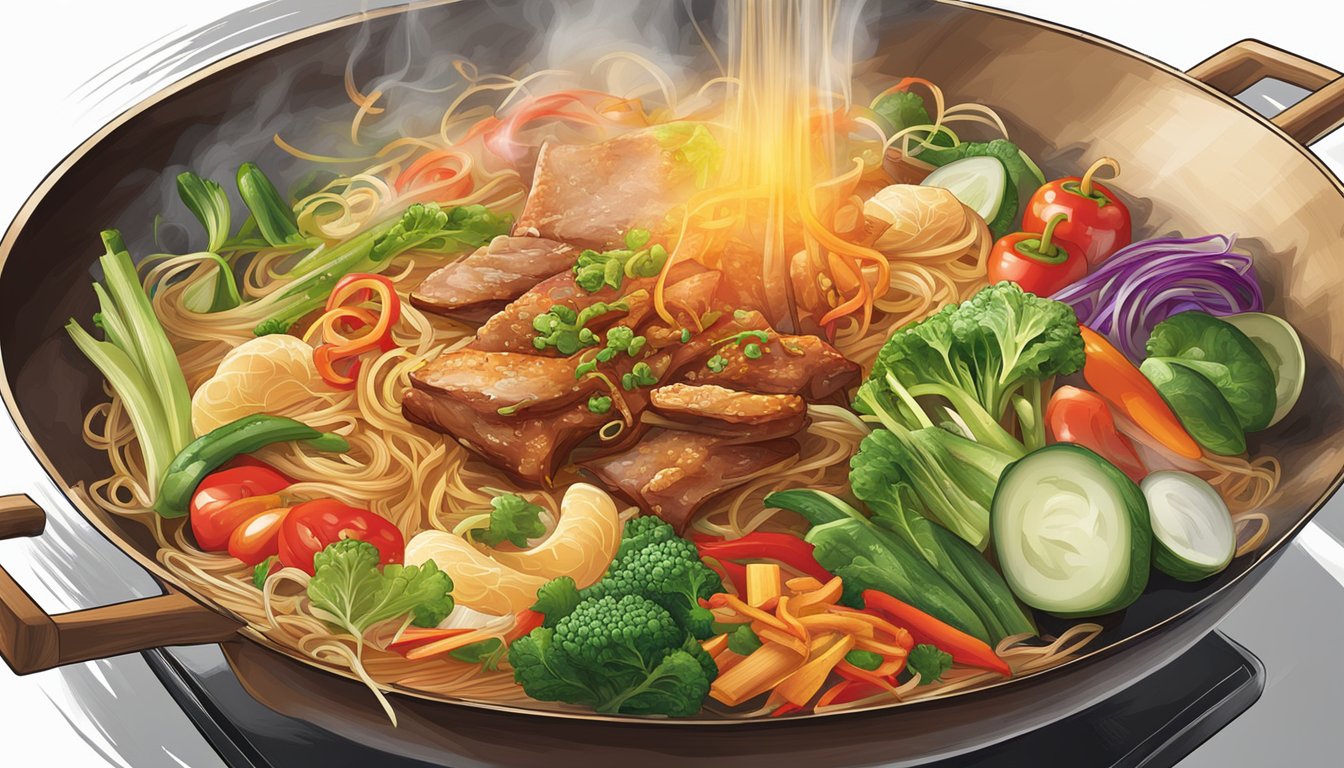 A steaming wok sizzles with stir-fried chili brand bee hoon, tossing vibrant vegetables and fragrant spices
