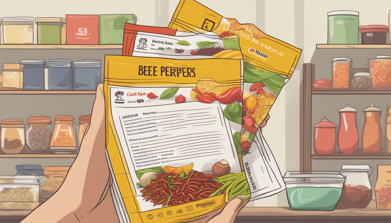 A person holding a packet of "Buying Guide" brand bee hoon with various chili peppers and spices in the background