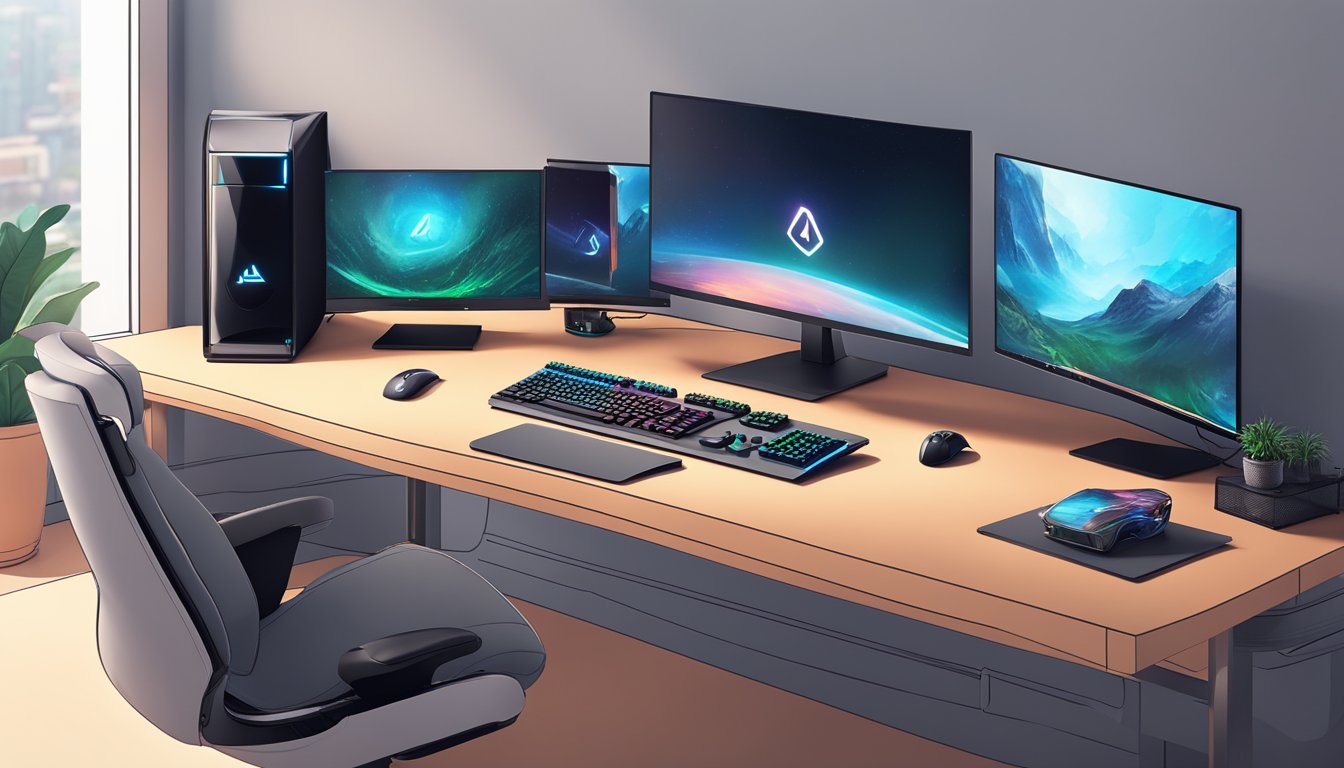 A sleek, modern gaming desktop sits on a clean, minimalist desk. The brand logo is prominently displayed, and the computer is surrounded by high-quality peripherals and accessories