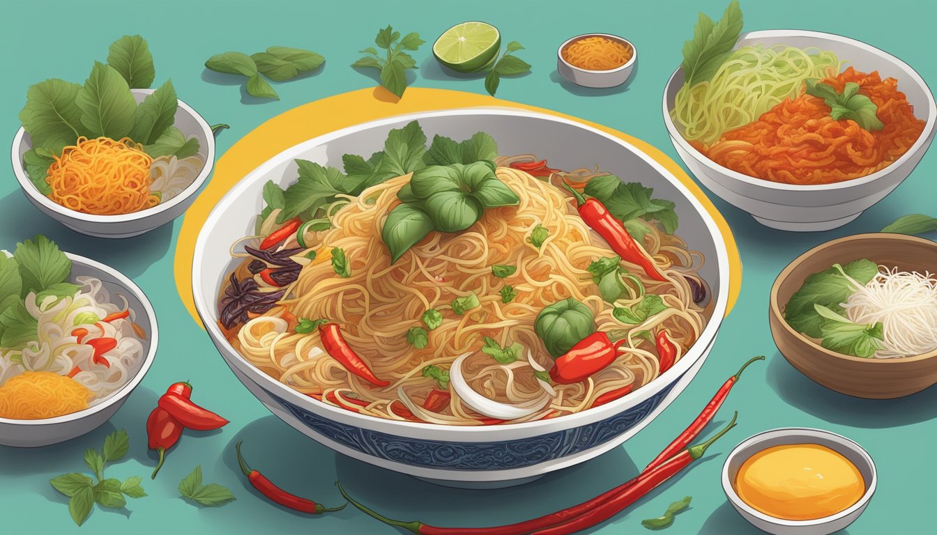 A steaming bowl of chilli brand bee hoon surrounded by vibrant ingredients and a decorative garnish