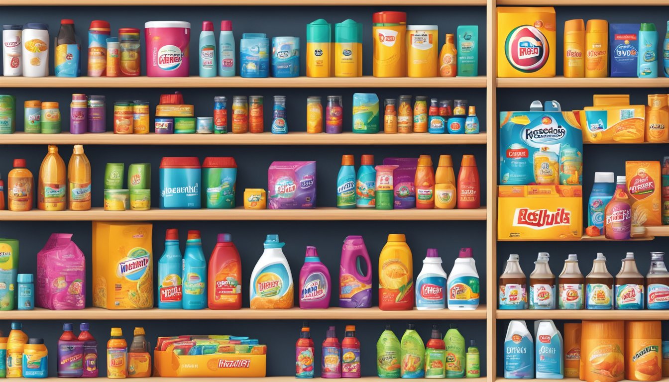 German brands displayed on shelves, with iconic logos and product packaging. Bright colors and clean designs stand out