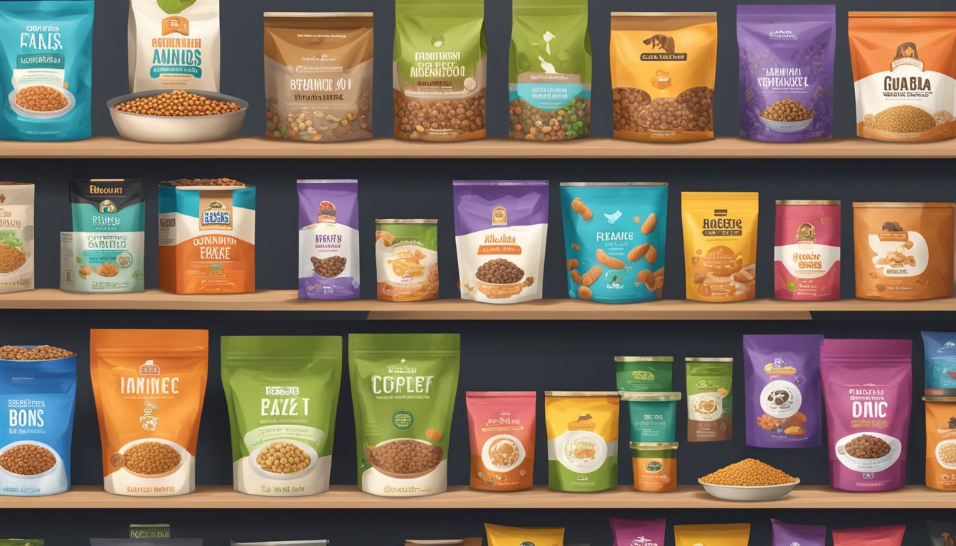 Various dog food brands displayed on shelves with colorful packaging and logos. Bowls and bones scattered around