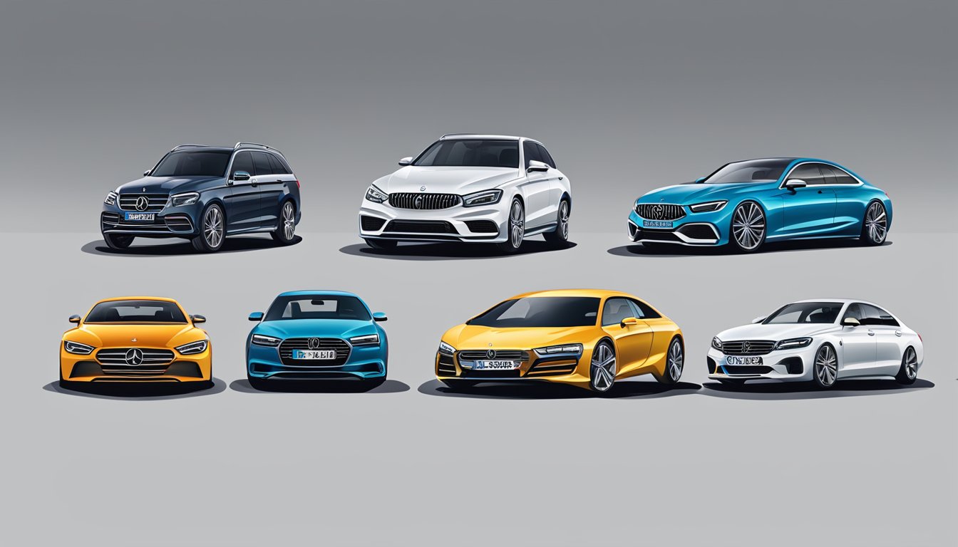 A lineup of iconic German automobile brands, including Mercedes-Benz, BMW, Audi, and Volkswagen, with their distinct logos and sleek designs