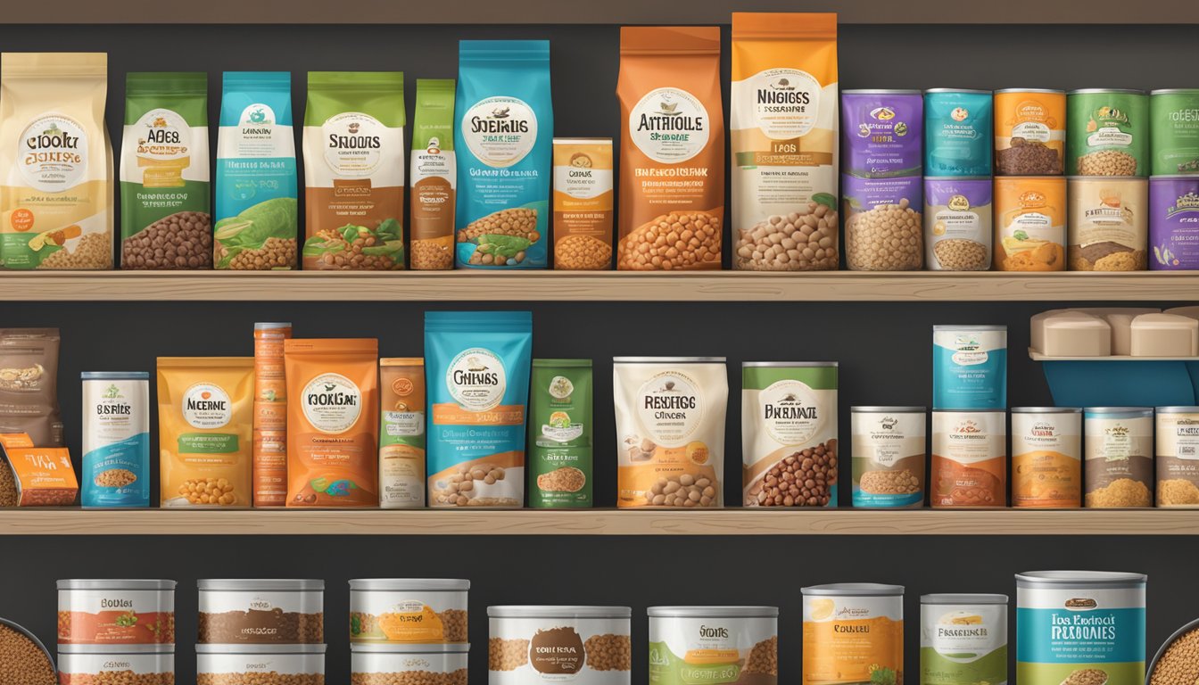 A variety of dog food brands displayed on shelves with nutritional information and ingredient lists clearly visible