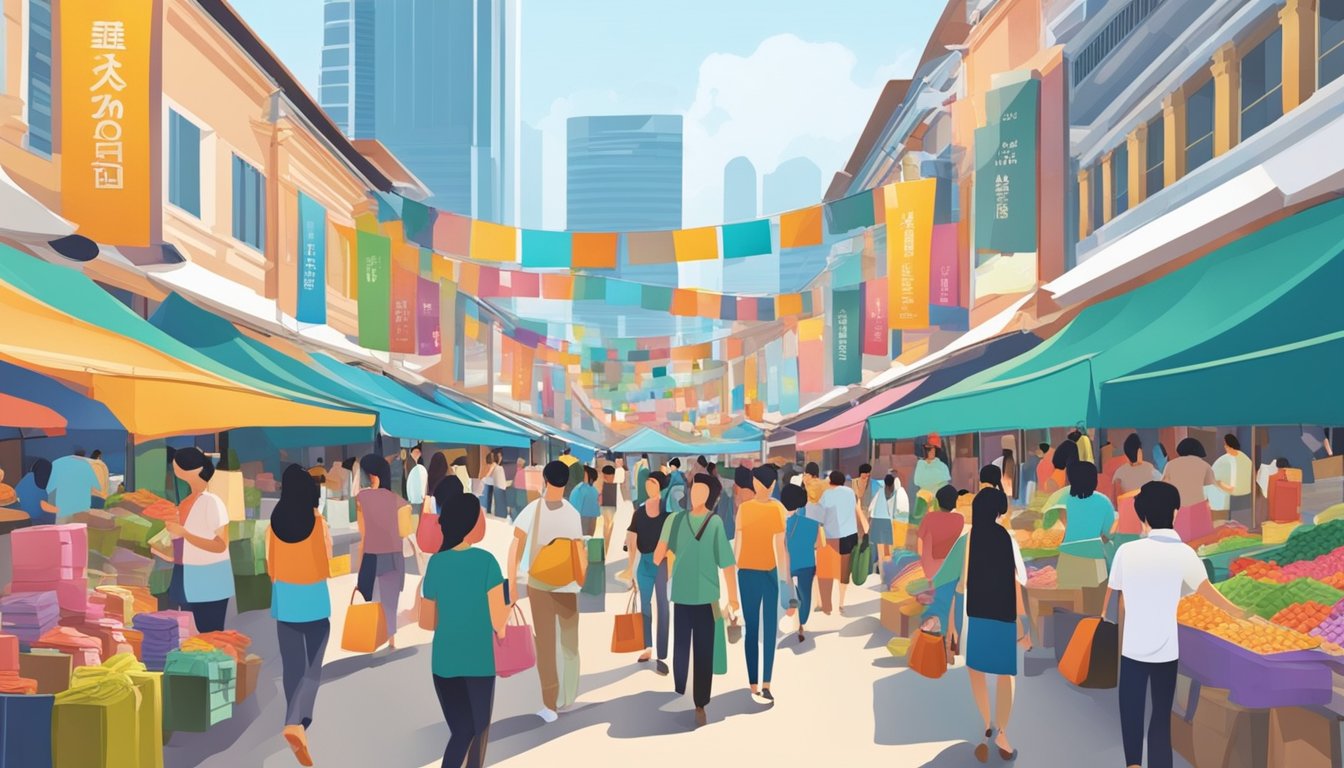 A busy marketplace with various vendors selling branded bags in Singapore. Colorful displays and bustling activity create a lively atmosphere