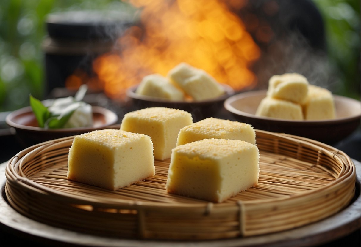 A steaming bamboo basket filled with freshly made Chinese steamed sponge cakes, emitting a warm and sweet aroma