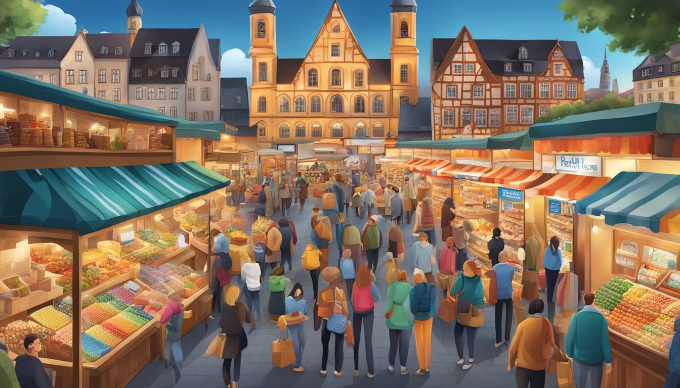 A bustling German market with iconic retail and consumer brands on display. Vibrant colors and diverse products fill the scene