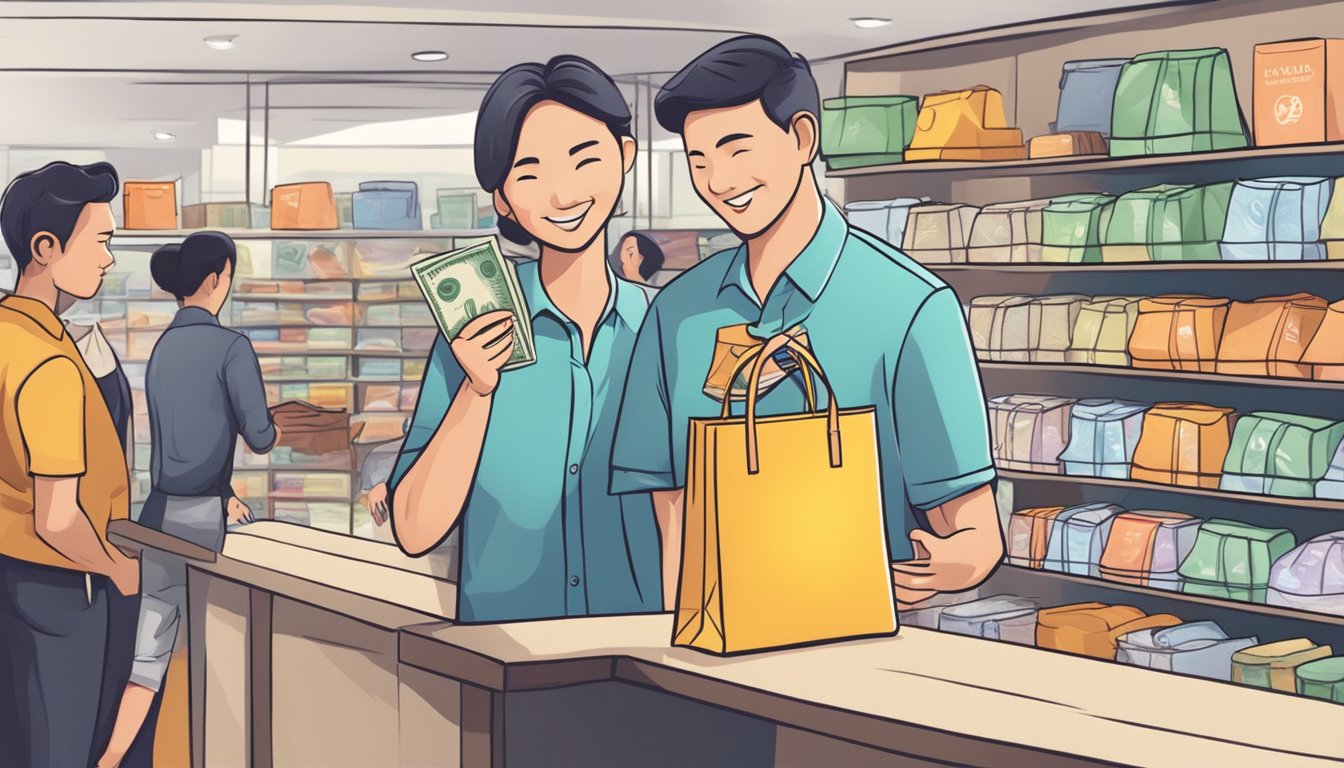 A customer hands over cash for a branded bag in a Singapore store