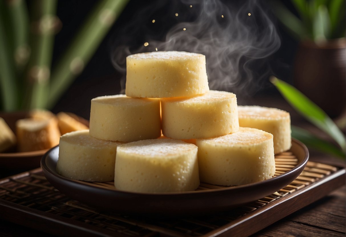 A bamboo steamer filled with freshly steamed Chinese sponge cakes, emitting a fragrant aroma