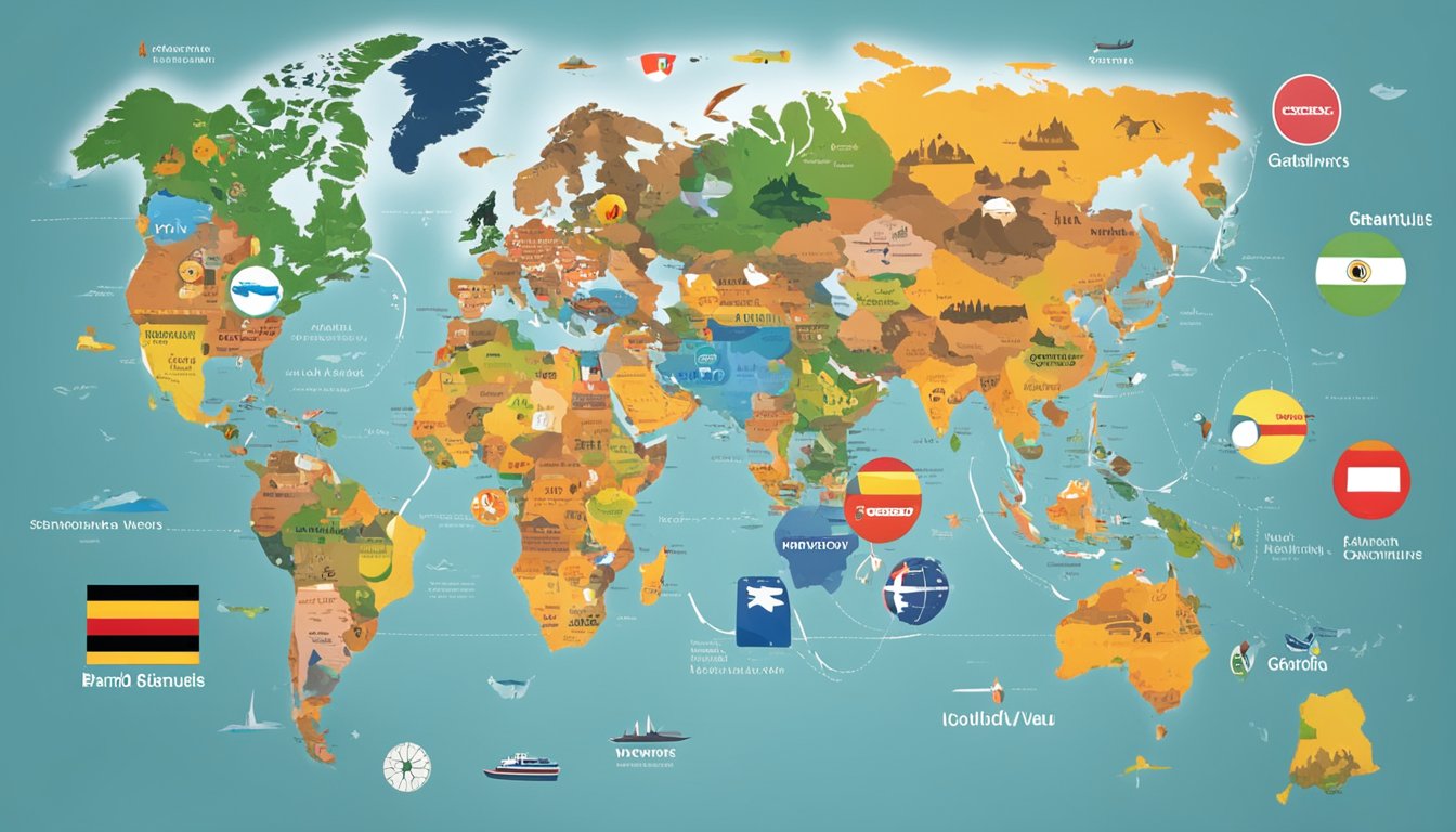 A world map with prominent German brands' logos spreading across continents, symbolizing global influence and brand value