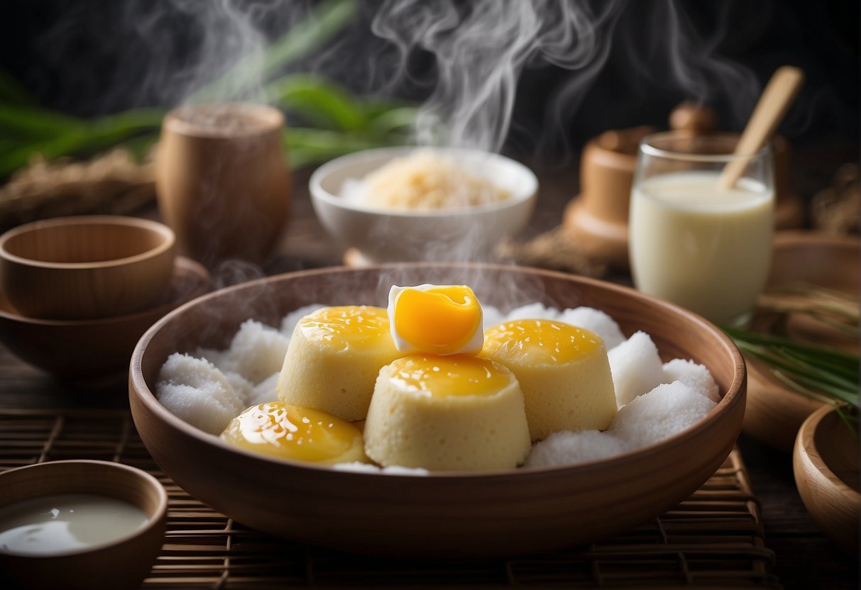 A steaming bamboo basket filled with Chinese steamed sponge cakes, surrounded by essential ingredients like eggs, flour, sugar, and a bowl of milk