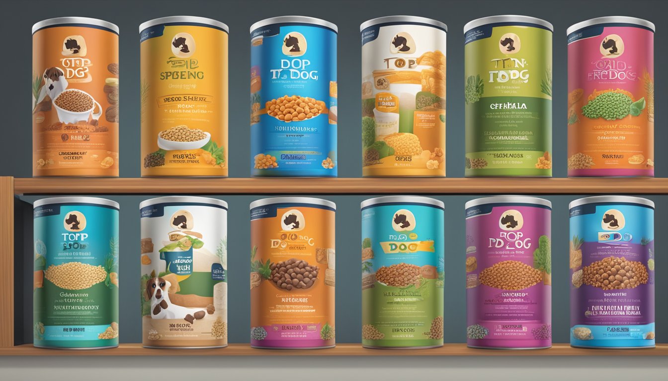 Various top dog food brands and products are displayed on shelves, with colorful packaging and enticing labels