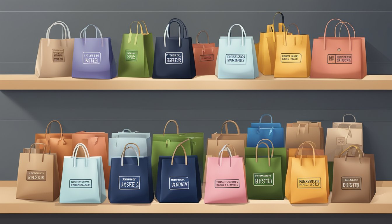 A stack of branded bags with "Frequently Asked Questions" labels, displayed in a Singapore store