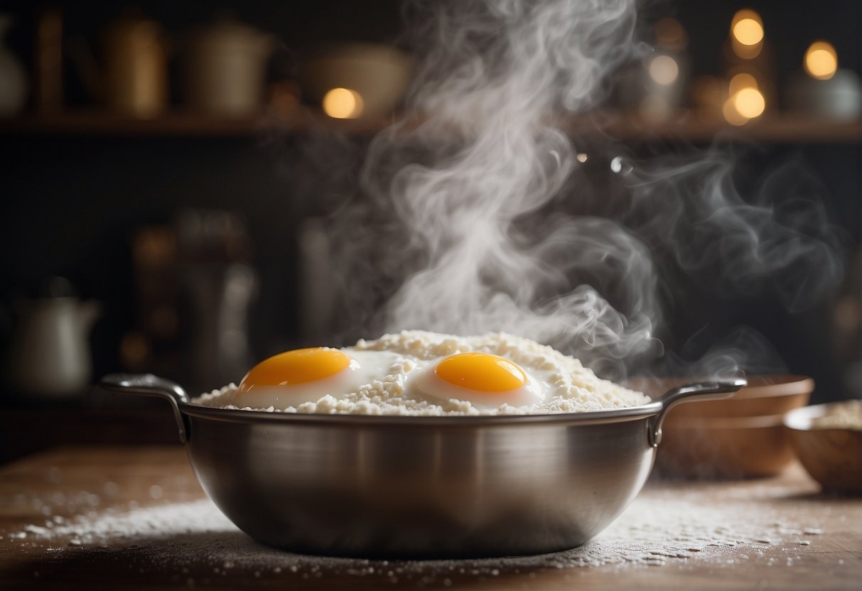 A mixing bowl with flour, sugar, and eggs. A steamer with a bamboo basket filled with batter. Steam rising from the cake as it cooks