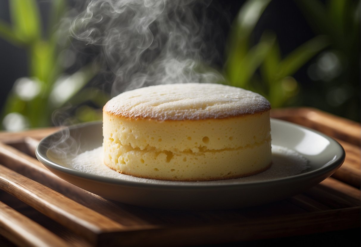 Steam rising from a fluffy sponge cake inside a bamboo steamer, with a small crack on the surface