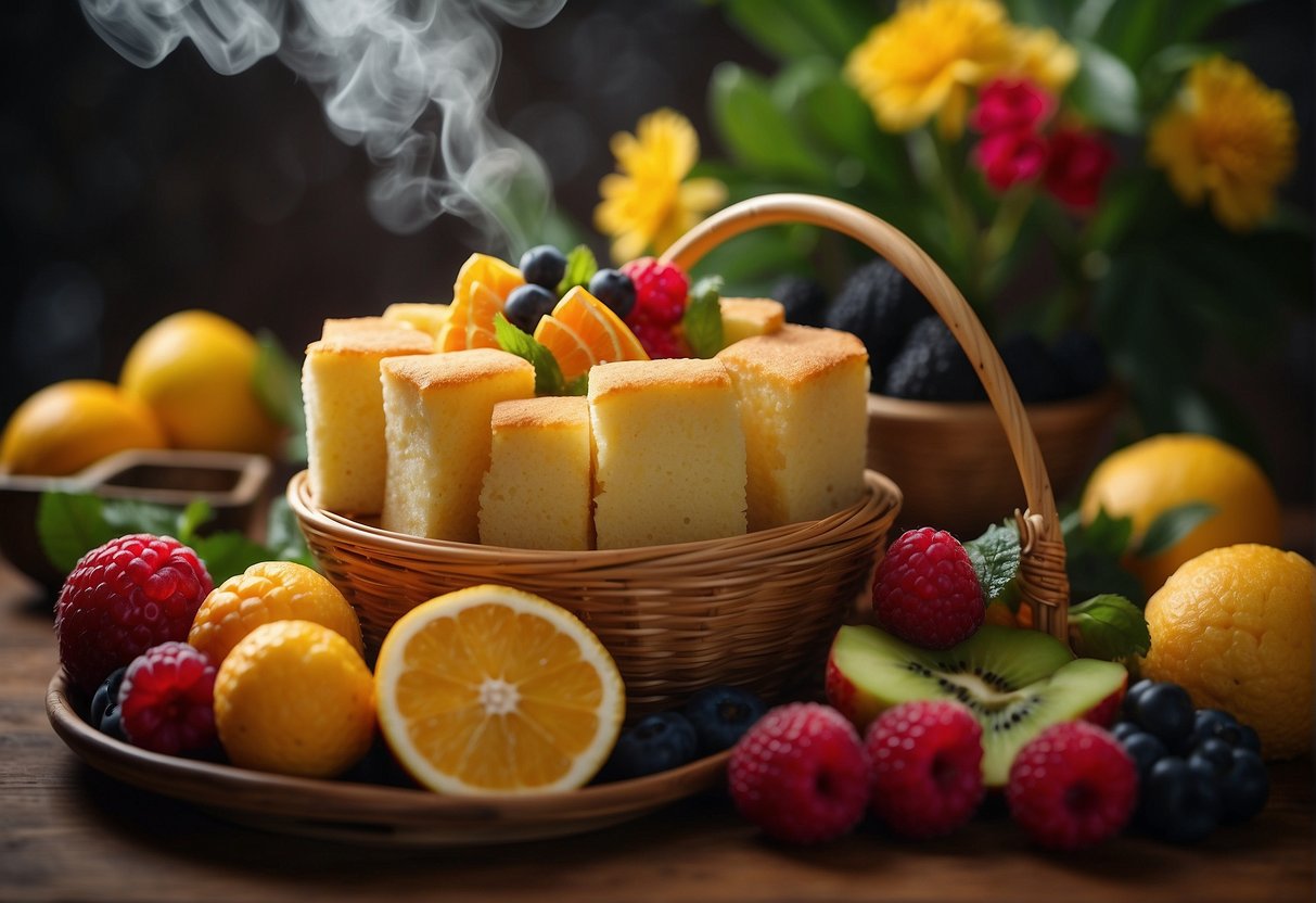 A steaming bamboo basket filled with fluffy Chinese sponge cakes, surrounded by colorful fruits and decorative garnishes