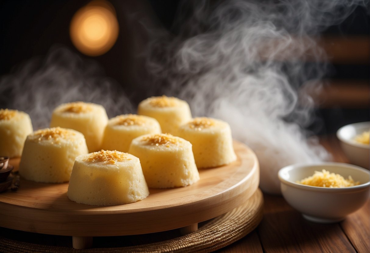 A bamboo steamer filled with fluffy, golden-brown Chinese steamed sponge cakes, surrounded by a cloud of steam