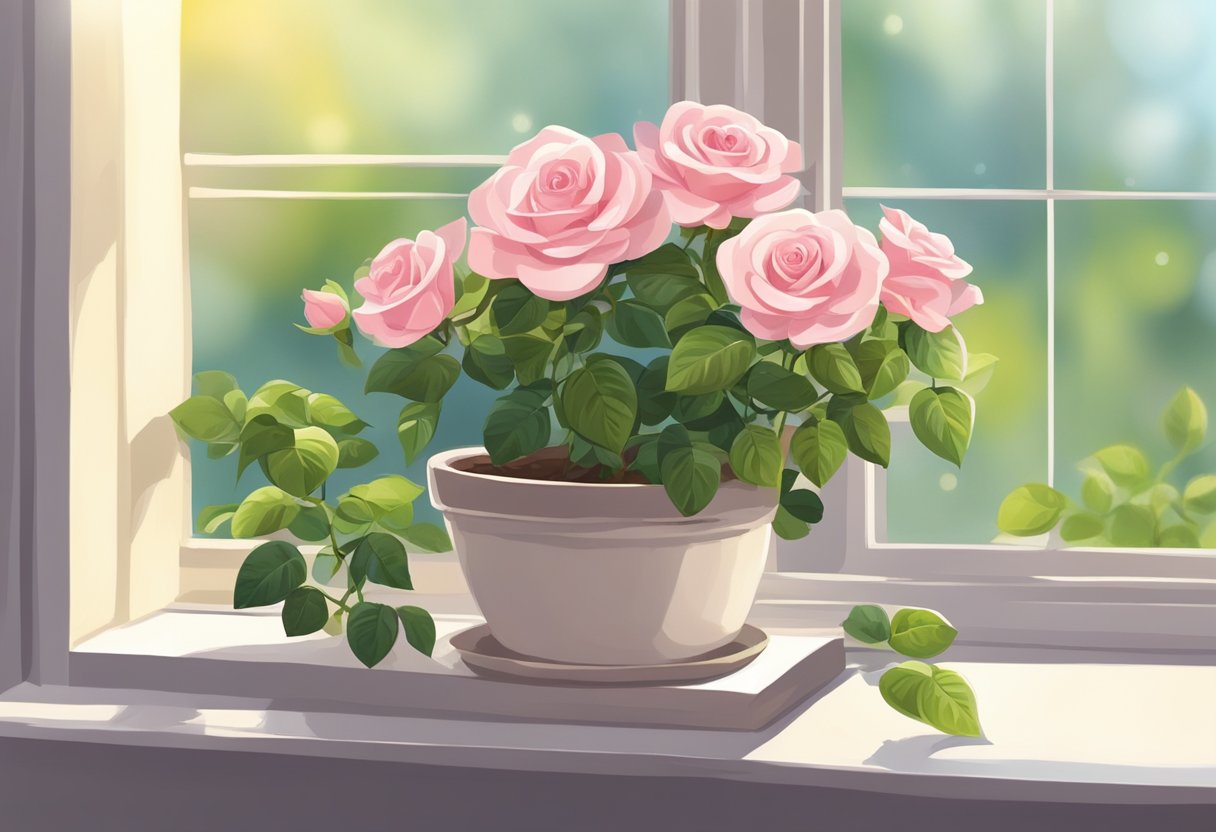 Miniature roses wilt in a small pot on a sunny windowsill