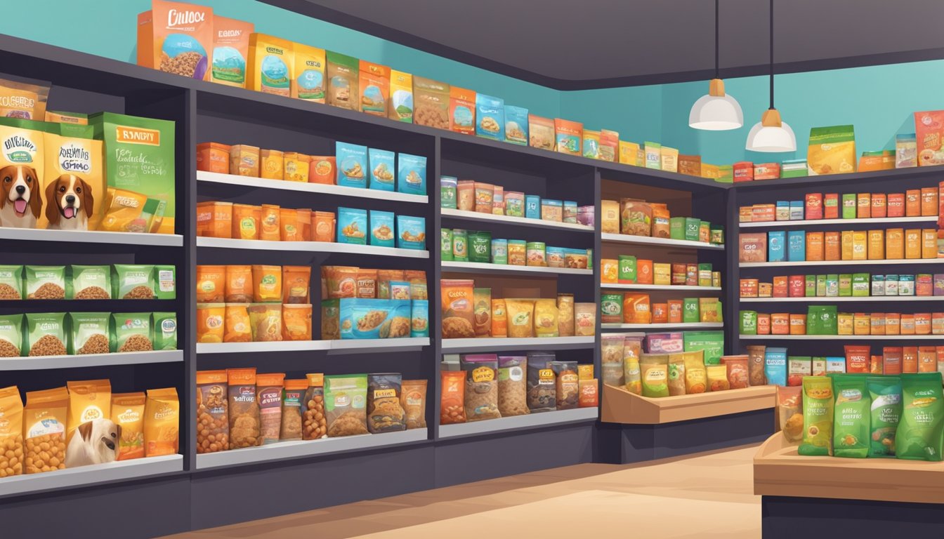 A variety of dog food brands line the shelves in a well-lit pet store. Colorful packaging and different sizes are on display