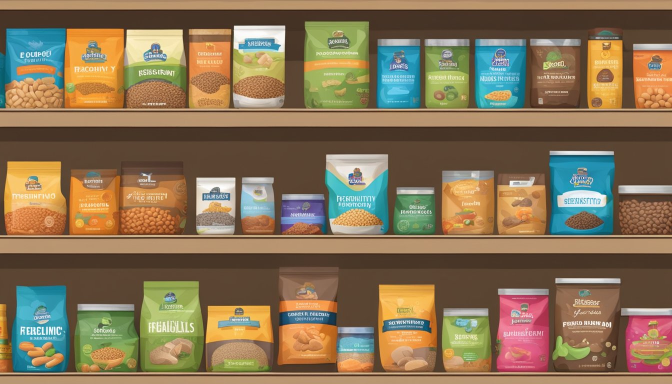Various dog food brands arranged on shelves with a sign reading "Frequently Asked Questions" above them