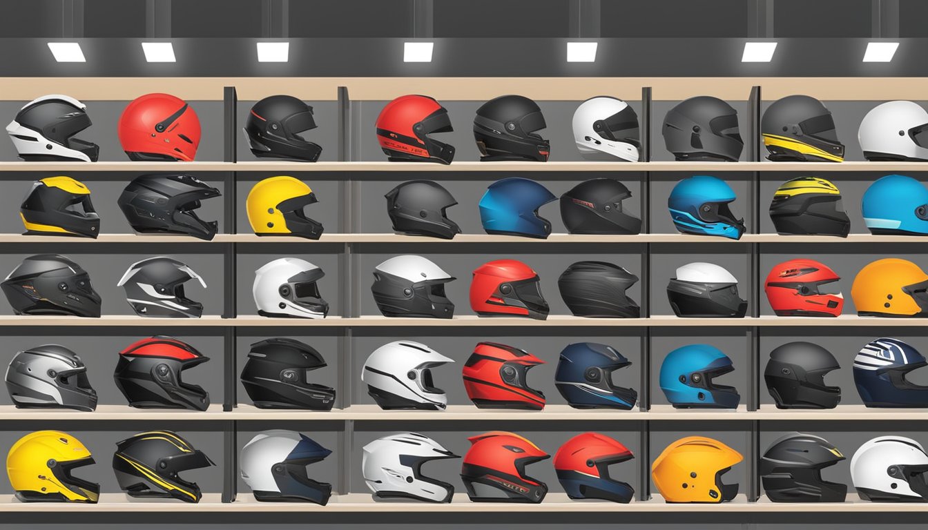 Various helmet brands displayed on shelves in a well-lit store. Different styles, colors, and sizes are visible
